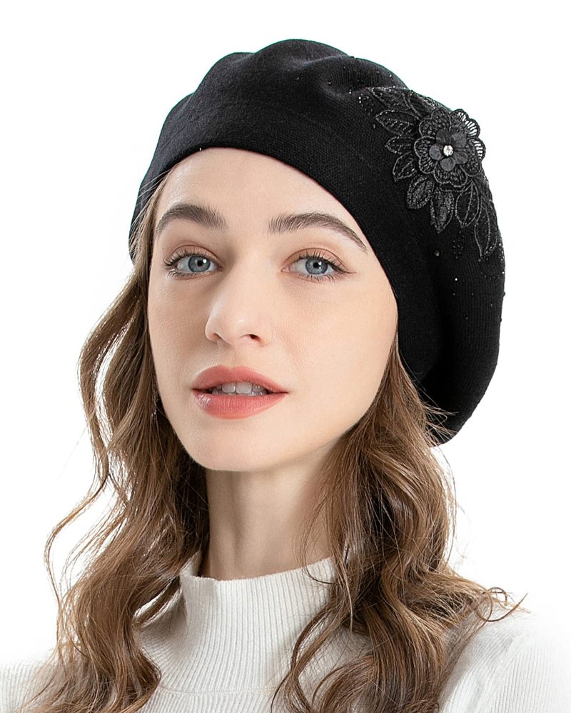 ZLYC Womens French Beret hat, Reversible Solid Color Mosaic Warm Beret Cap for Girls (Flower Black) - Image 3